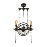 Rustic Exposed Bulb Hanging Light With Wheel Design - 2 Lights Wrought Iron Pendant Chandelier