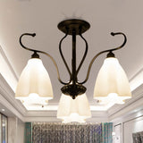 Flower-Shaped White Glass Ceiling Light Fixture With 3/6/8 Lights For Classic Living Room Semi-Mount