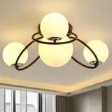 Classic 4-Light Opal Glass Semi-Flush Ceiling Fixture In Black/White For Living Room