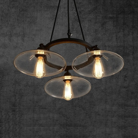 Industrial Black Chandelier With Clear Glass Disc Shades - 3-Light Pendant Fixture For Living Room