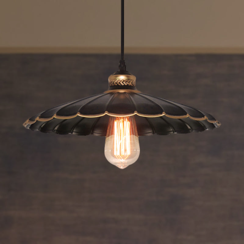 Vintage Industrial Black Metal Pendant Ceiling Light | Scalloped Hanging 10 Or 14 Ideal For