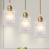 Modern Brass Pendant Light With Prismatic Glass Shade - 3 Lights Cylinder Design / Linear