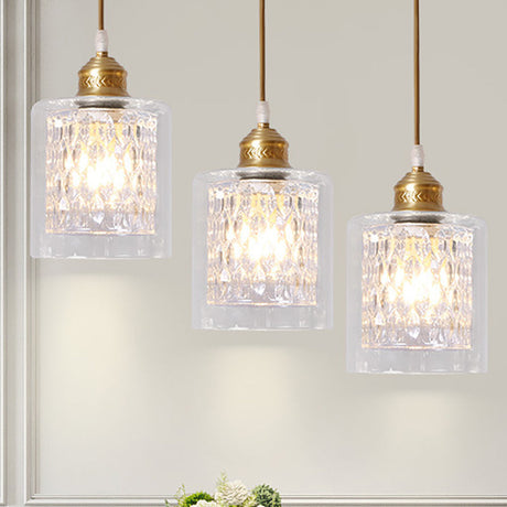 Modern Brass Pendant Light With Prismatic Glass Shade - 3 Lights Cylinder Design / Linear