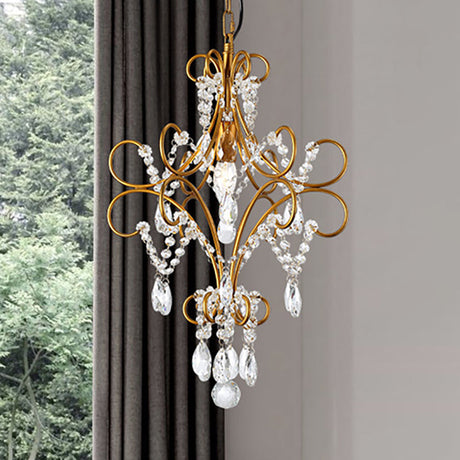 Modern Gold Pendant Light With Glass Strand - Iron Bent Arm Frame