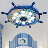 Nautical 8-Light Metal Ceiling Lamp In Blue For Kindergarten Rooms With Rudder Design