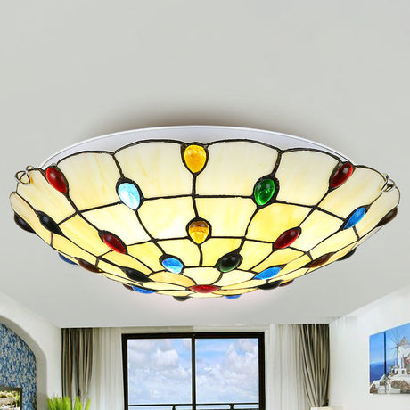 Rustic Loft Stained Glass Flush Mount Light In Beige/Yellow - 12/16/19.5 Diameter Bedroom Ceiling