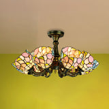 Vintage Rustic Stained Glass Chandelier With Multi Light Suspension - Bronze Finish / Up Flower