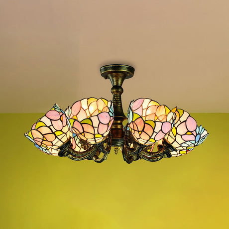 Vintage Rustic Stained Glass Chandelier With Multi Light Suspension - Bronze Finish / Up Flower