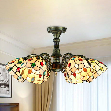 Vintage Tiffany Stained Glass Pendant Light Chandelier With Peacock Tail Design - 6 Lights Antique