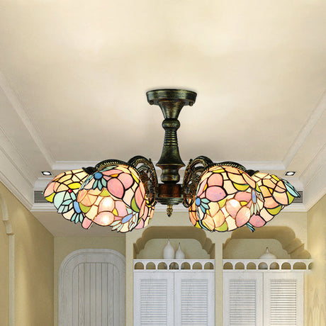 Vintage Tiffany Stained Glass Pendant Light Chandelier With Peacock Tail Design - 6 Lights Antique