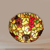 Stained Glass Grapes Ceiling Light - Lodge 2-Light Flushmount With Bowl Shade Bedroom Lighting Green