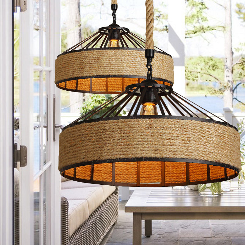 Vintage Style Drum Shade Rope Pendant Light - Perfect For Coffee Shops 1 Bulb Black