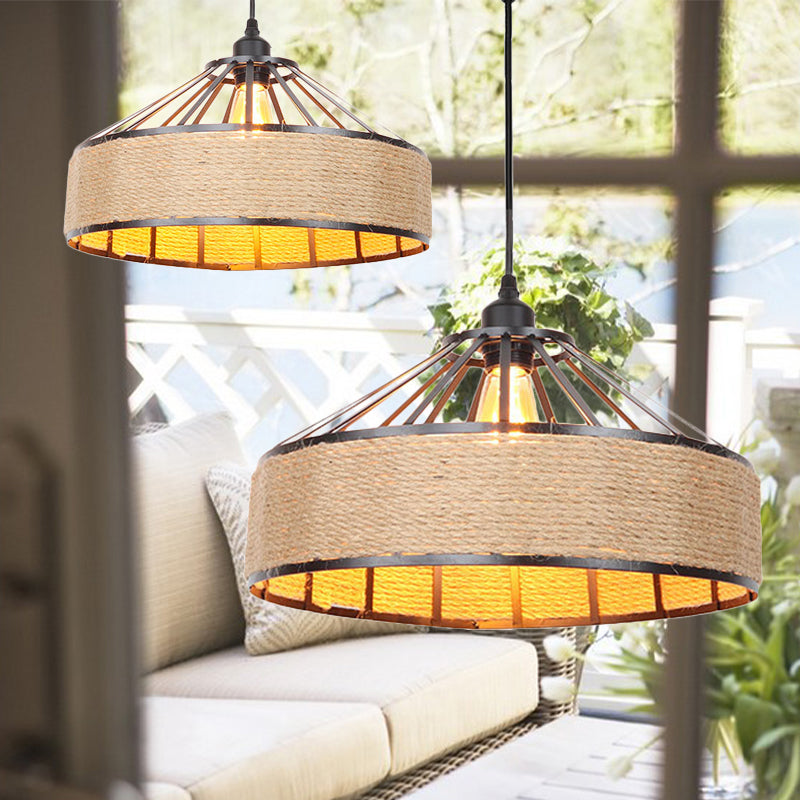Vintage Style Drum Shade Rope Pendant Light - Perfect For Coffee Shops 1 Bulb Black / B