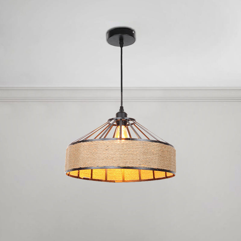 Vintage Style Drum Shade Rope Pendant Light - Perfect For Coffee Shops 1 Bulb Black