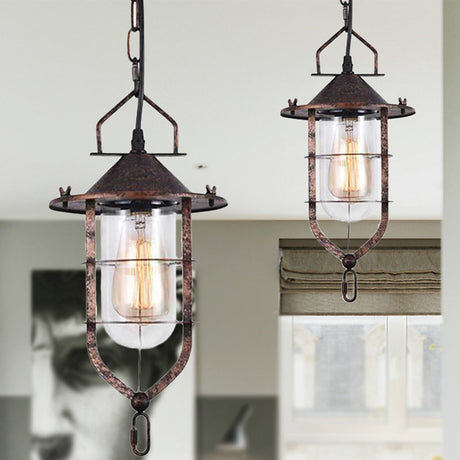 Vintage Black/Rust Cone Ceiling Pendant Lamp With Clear Glass & Cage - Ideal For Living Room Rust