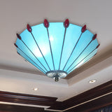 Blue Tiffany Style Cone Ceiling Lamp - Art Glass Finish Flush Light For Dining Room