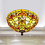 Tiffany Victorian Flush Mount Stained Glass Ceiling Light For Hotels - Yellow Dome Design