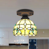 Flush Mount Ceiling Light With Crystal Flower Stained Glass Tiffany Style - Ideal For Bedrooms