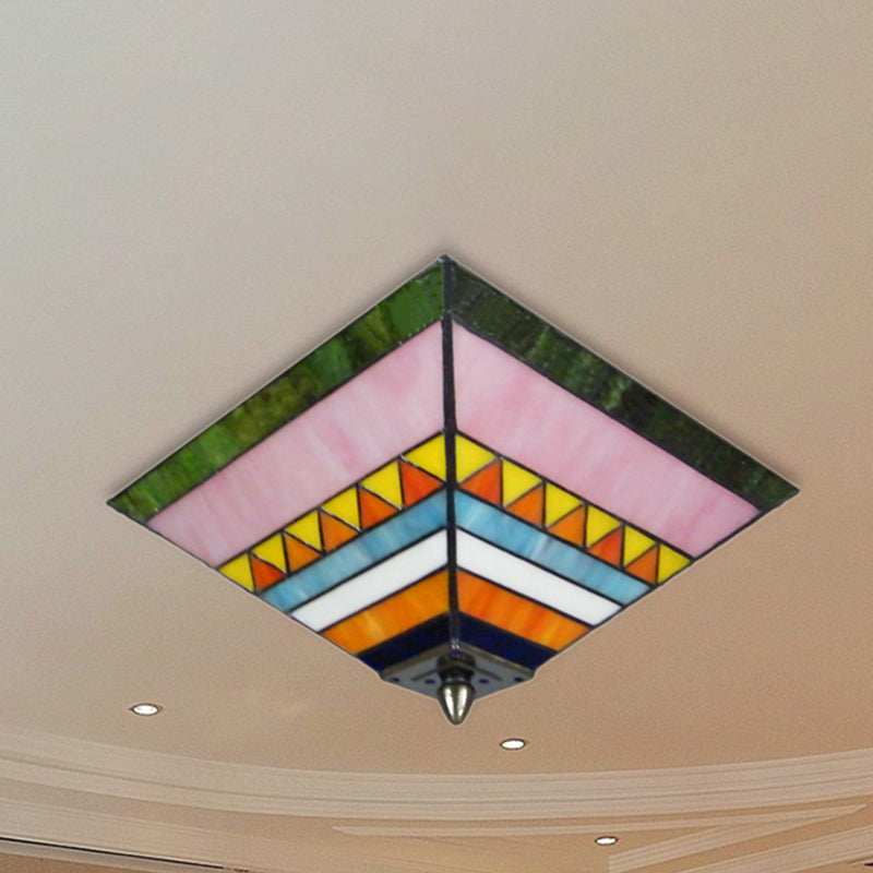 Craftsman Stained Glass Flush Ceiling Light - Multicolored Pyramid Design 2 Bulbs Foyer Mount Orange