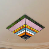 Craftsman Stained Glass Flush Ceiling Light - Multicolored Pyramid Design 2 Bulbs Foyer Mount Orange