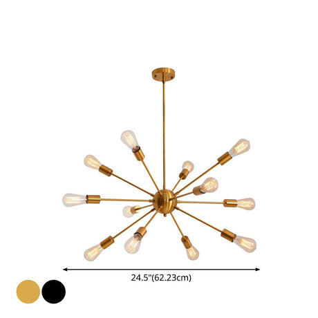 Metallic Sun Burst Industrial Chandelier With Bare Bulb Pendant Fixture