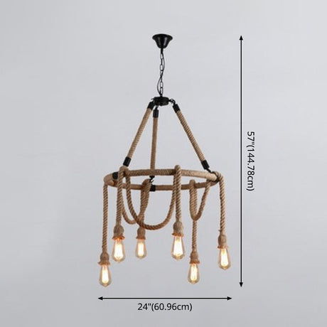 Adjustable 6-Light Industrial Rope Chandelier - Beige Ceiling Fixture