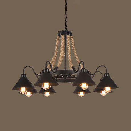 Vintage Industrial Chandelier: Large Rope & Cone Metal Shade Pendant Light For Coffee Shops 8 /