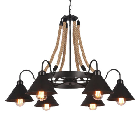 Vintage Industrial Chandelier: Large Rope & Cone Metal Shade Pendant Light For Coffee Shops