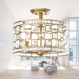 Golden Chinese Style 3-Light Semi Flush Ceiling Fixture With Metallic Crystal Shade