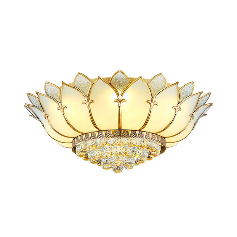 Chinese Style Prismatic Glass Lotus Flush Mount Ceiling Light With Crystal Finial - 5 Lights White