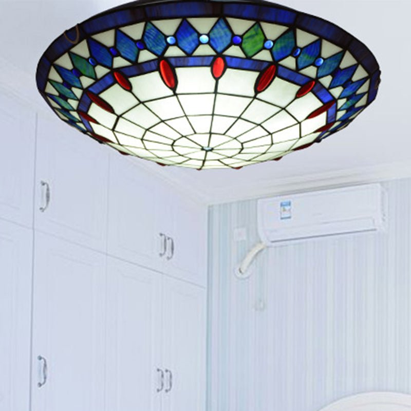 Mediterranean Jeweled Round Ceiling Light - Handcrafted Glass Fixture For Bedroom