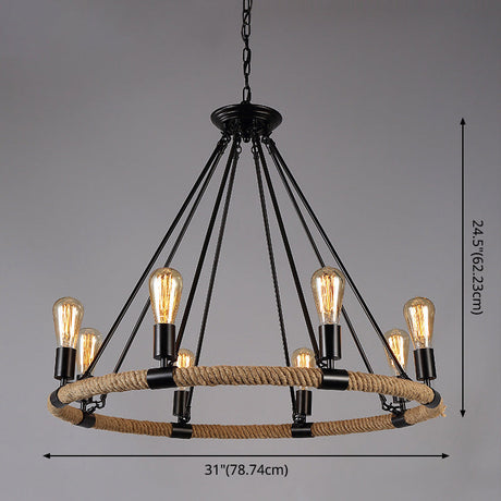 Retro Industrial Black Metal Iron Chandelier With Rope Suspensions - Perfect For Dining Room Table