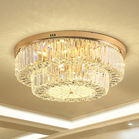 Modern Led Flush Ceiling Lamp With Clear Crystal Drum Shape For Living And Dining Room Lighting Gold