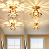European Style Flush-Mount Ceiling Light: Full Brass Glass Shade 1 Light Polyhedron Design Bedroom