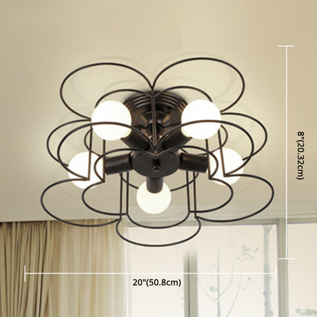 Industrial Style Ceiling Light: 5-Bulb Flush Mount Fixture With Iron Frame Lampshade - Dining Room