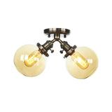 Farmhouse Style Semi Flush Ceiling Lamp - Metal And Glass With Dual Heads In Black/Bronze