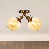 Farmhouse Style Semi Flush Ceiling Lamp - Metal And Glass With Dual Heads In Black/Bronze