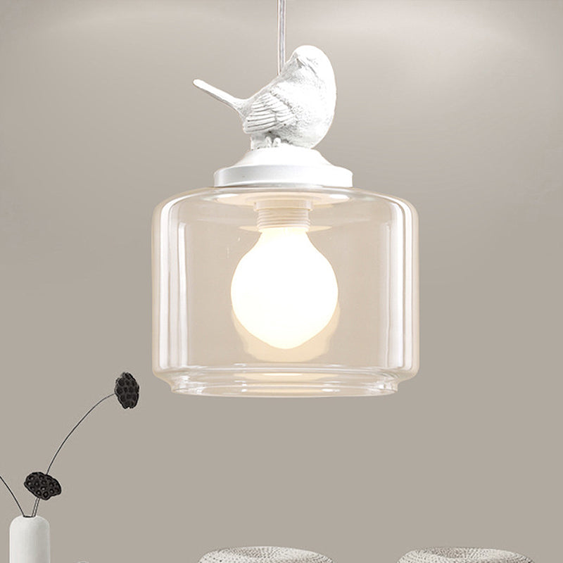 Contemporary Clear Glass Drum Pendant Light With Bird Decoration For Restaurants
