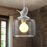 Contemporary Clear Glass Drum Pendant Light With Bird Decoration For Restaurants