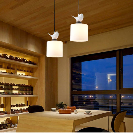 Simple Style White Glass Cylinder Tea Bar Pendant Light Fixture With Hanging Kit - 1