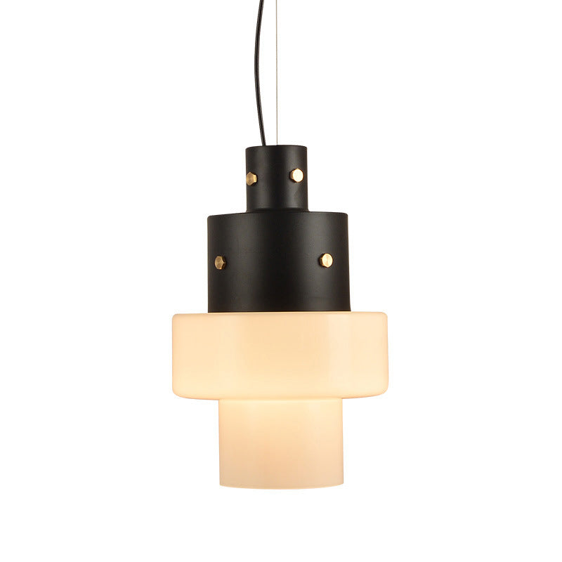 Rustic White Glass Cylinder Pendant Light For Living Room - Single Head Black Ceiling Fixture