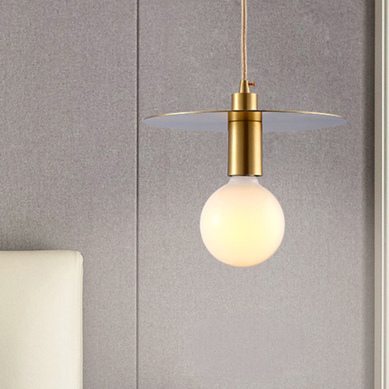 Postmodern White Glass Globe Pendant Light With Gold Metal Disc Shade - Bedroom Hanging Lamp Kit