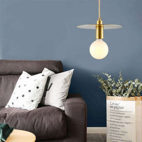 Postmodern White Glass Globe Pendant Light With Gold Metal Disc Shade - Bedroom Hanging Lamp Kit