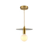 Postmodern White Glass Globe Pendant Light With Gold Metal Disc Shade - Bedroom Hanging Lamp Kit