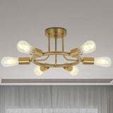 Bare Bulb Mid Century Metallic Semi Flush Ceiling Light - 6 Heads Brass/Black Finish Brass