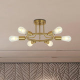 Bare Bulb Mid Century Metallic Semi Flush Ceiling Light - 6 Heads Brass/Black Finish