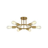 Bare Bulb Mid Century Metallic Semi Flush Ceiling Light - 6 Heads Brass/Black Finish