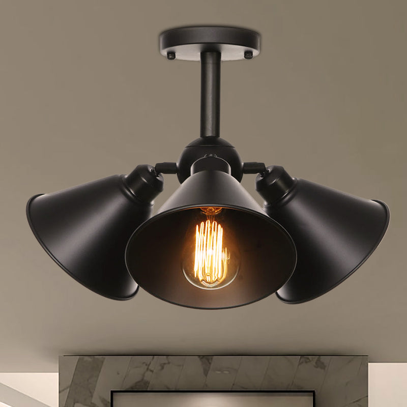 Vintage Indoor Ceiling Light - Black Flush Mount With Metallic Cone/Saucer Shade
