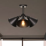 Vintage Indoor Ceiling Light - Black Flush Mount With Metallic Cone/Saucer Shade / Cone