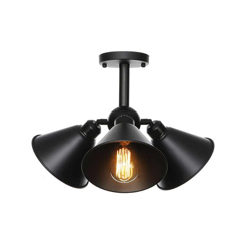 Vintage Indoor Ceiling Light - Black Flush Mount With Metallic Cone/Saucer Shade